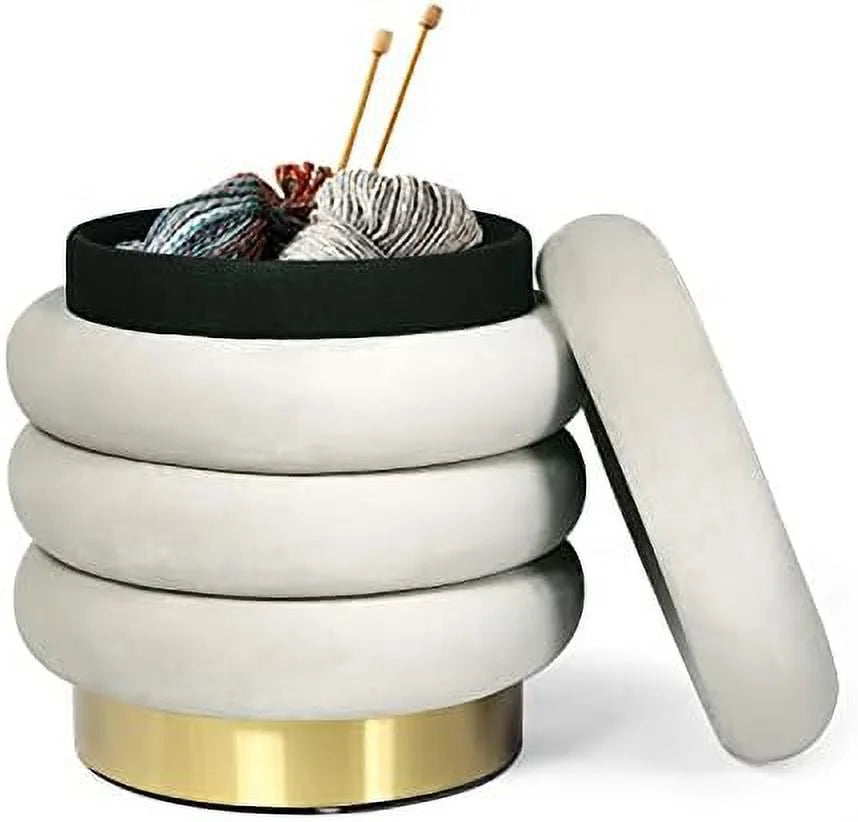 Round Velvet Ottoman with Gold Plating Base Q79859