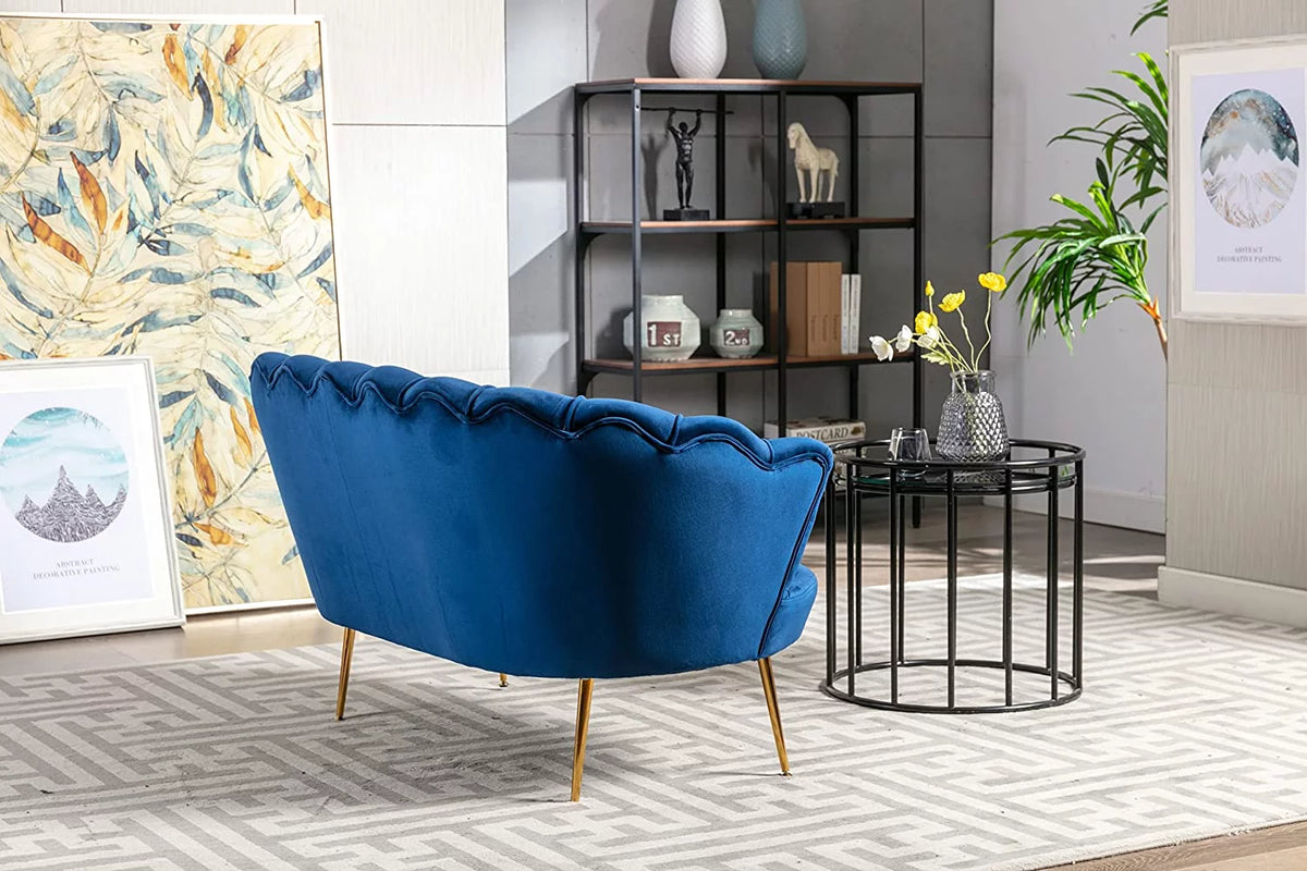 Blue Velvet Channel Tufted Loveseat with Gold Legs R27948