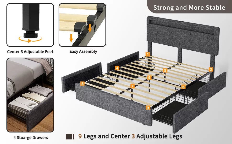 Queen Upholstered Platform Bed Frame with 4 Storage Drawers and LED Headboard X642