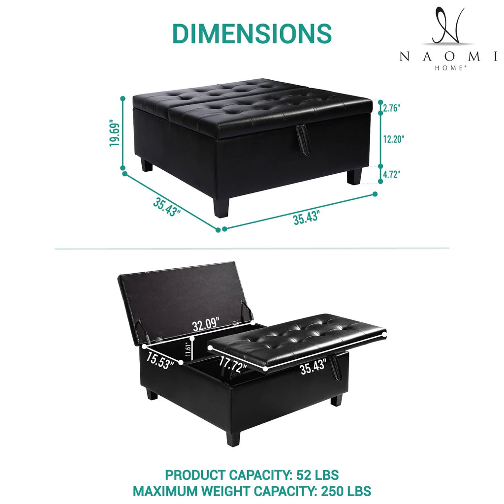 Black Air Leather Tufted Lift-Top Storage Ottoman Bench E20605