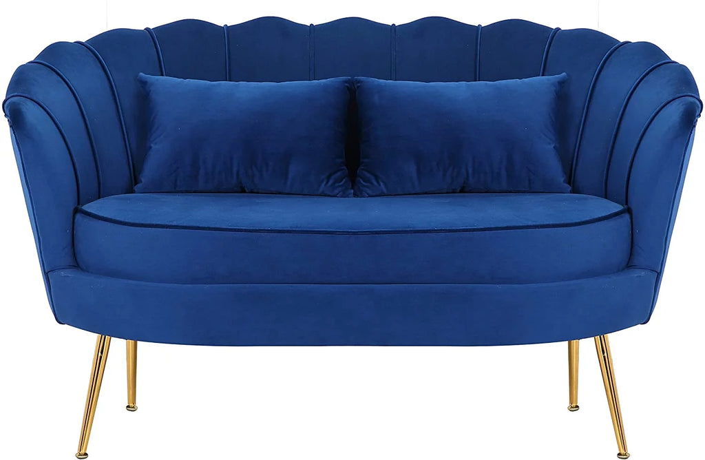 Blue Velvet Channel Tufted Loveseat with Gold Legs R27948