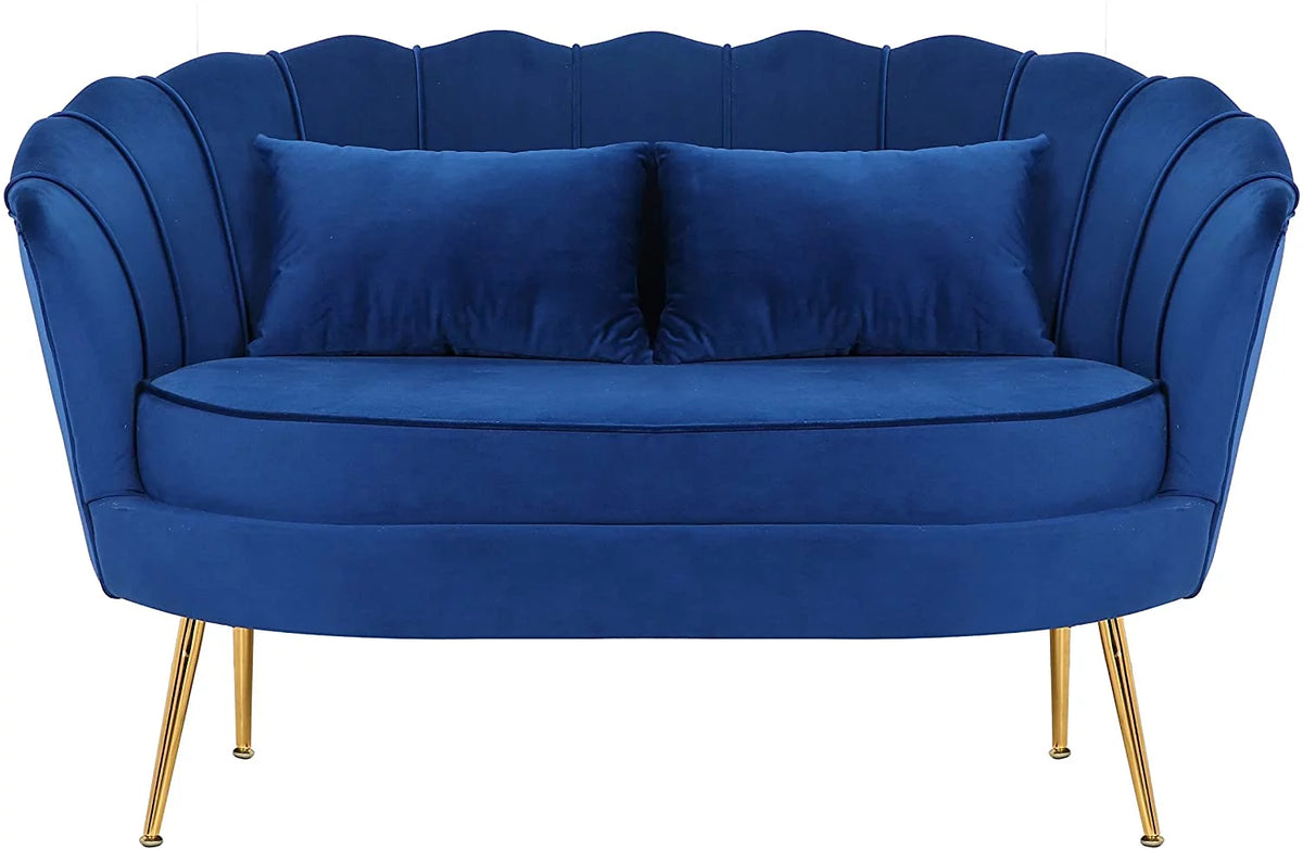 Blue Velvet Channel Tufted Loveseat with Gold Legs R27948