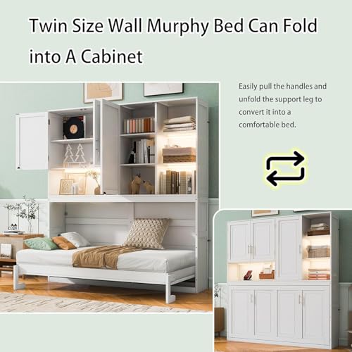 Twin Murphy Bed with Storage Cabinet and Shelves T664