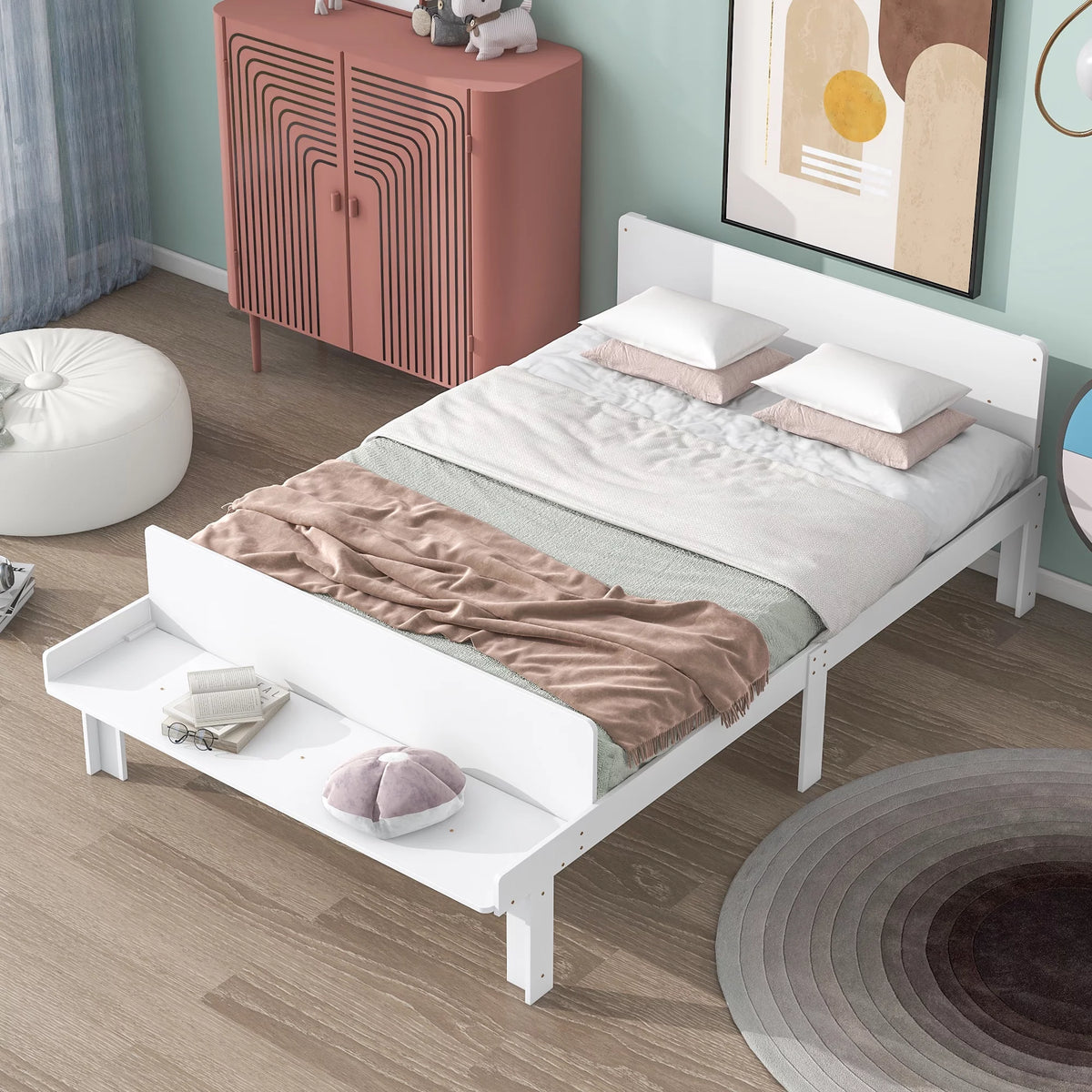 White Wood Platform Bed Frame with Headboard and Footboard Bench X15239