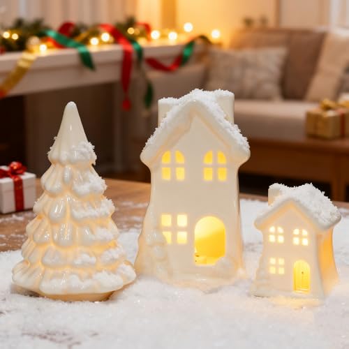 3 Pcs White Ceramic Christmas Village Houses B6929