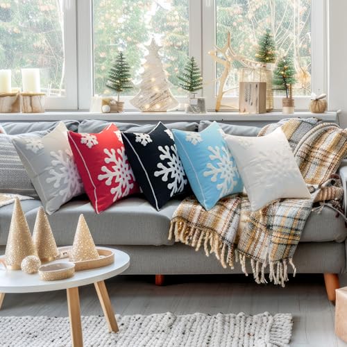 18x18 Soft Canvas Snowflake Embroidery Throw Pillow Covers with Invisible Zipper, 1 Pair, White N68235
