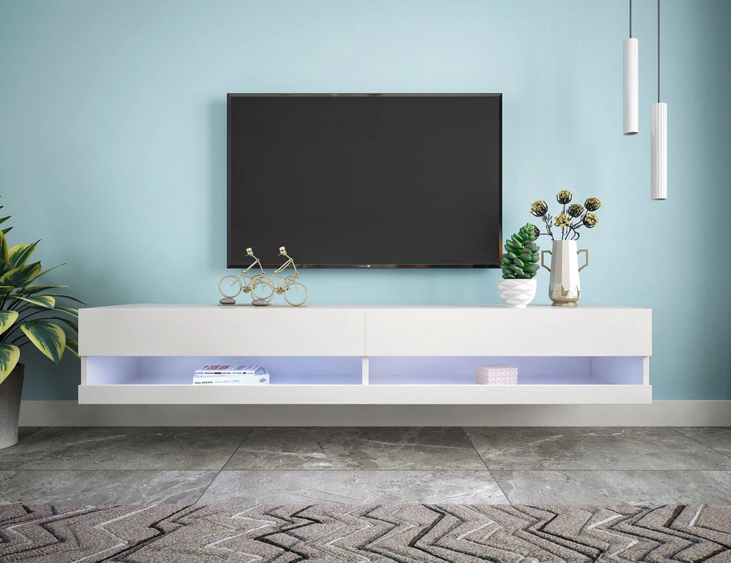 80" Wall Mounted Floating TV Stand with 20 Color LEDs White E41112