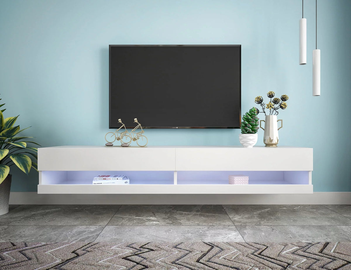 80" Wall Mounted Floating TV Stand with 20 Color LEDs White E41112