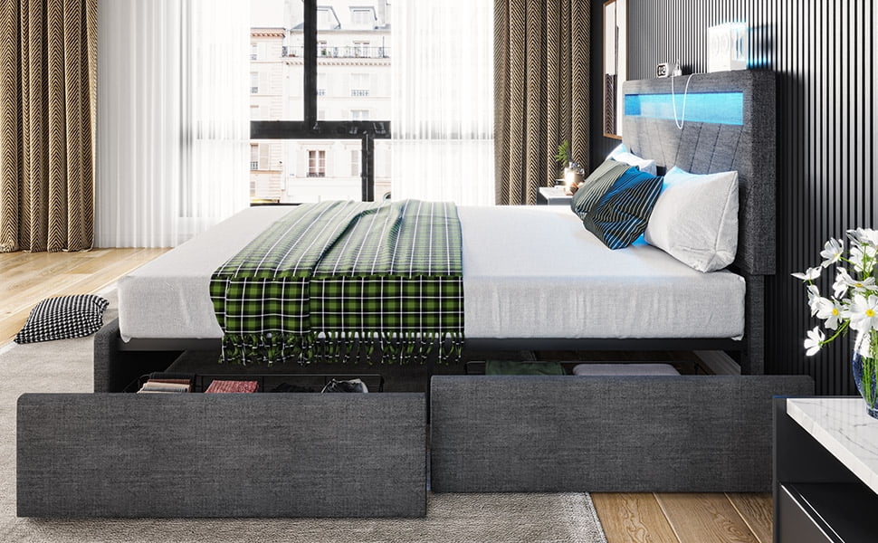 Queen Upholstered Platform Bed Frame with 4 Storage Drawers and LED Headboard X642