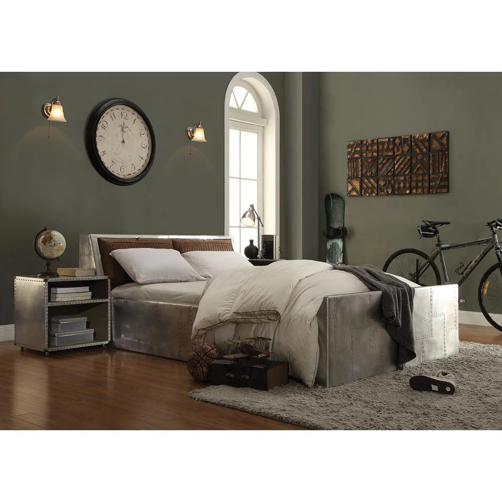 Queen Bed Retro Brown Top Grain Leather & Aluminum D393