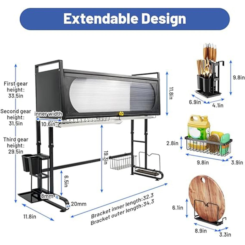 Adjustable 3 Tier Black Dish Drying Rack with Utensil Holder Y959