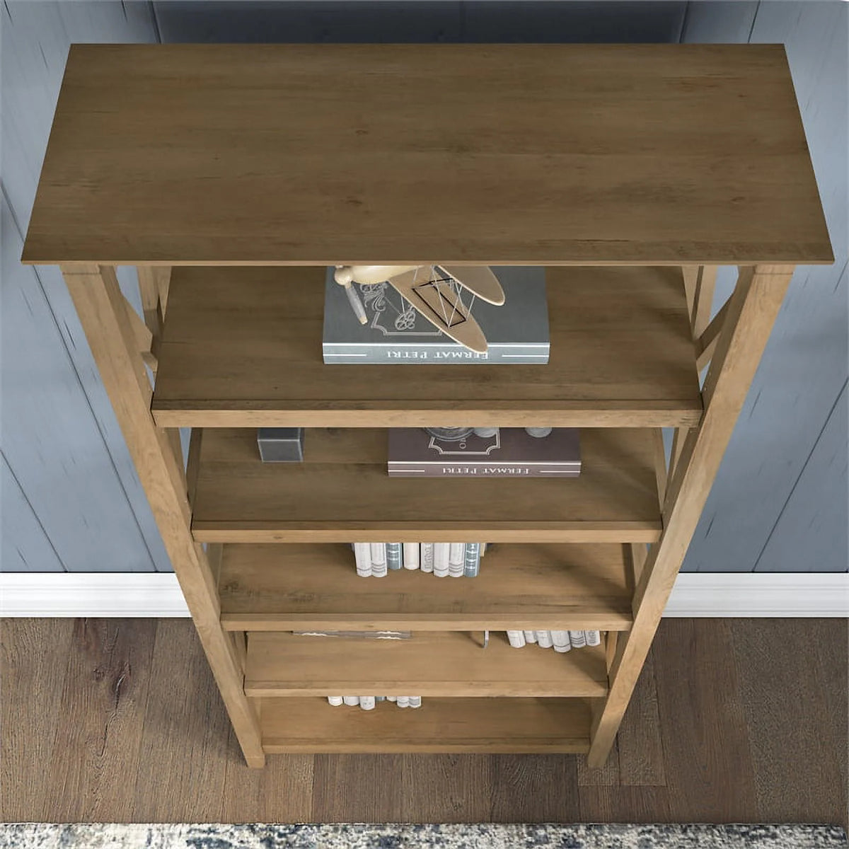 Reclaimed Pine Engineered Wood L Desk with Drawers and Bookcase H41465