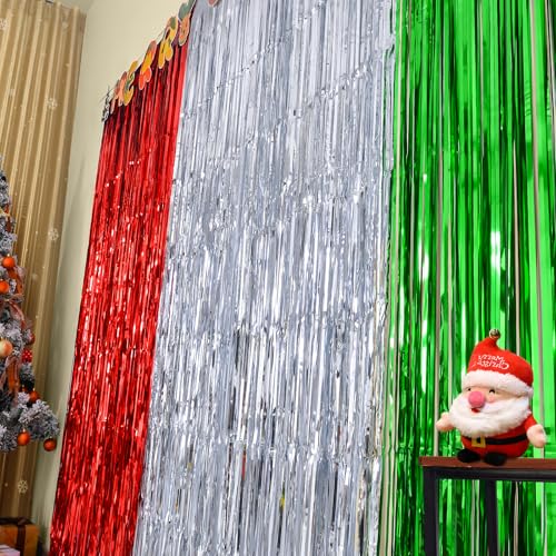 3 Pack Red Silver Green Tinsel Fringe Curtains C129088