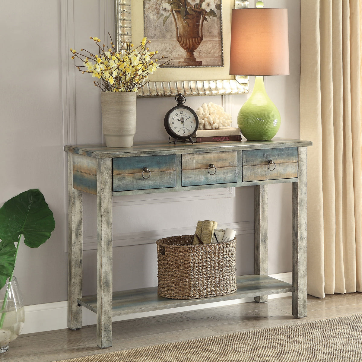Antique Gray and Teal Rectangular Console Table T3857