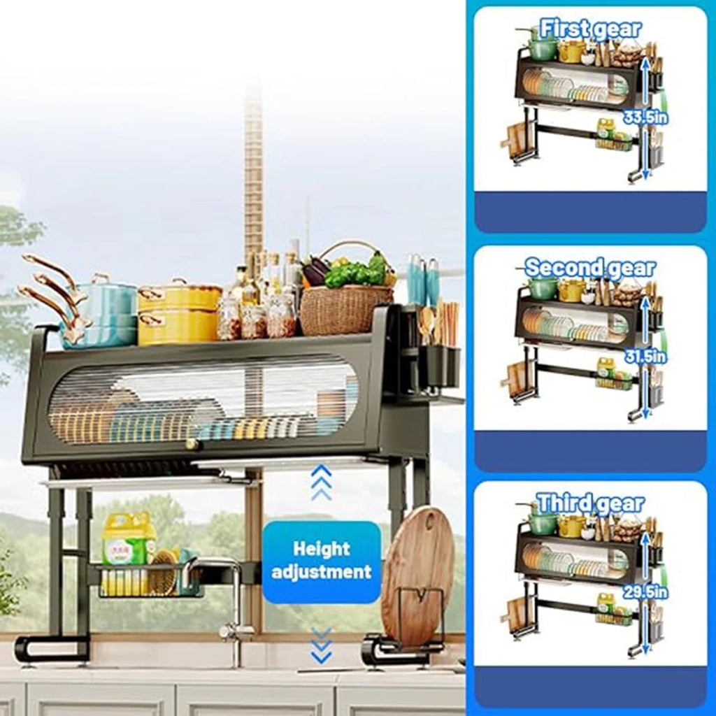 Adjustable 3 Tier Black Dish Drying Rack with Utensil Holder Y959