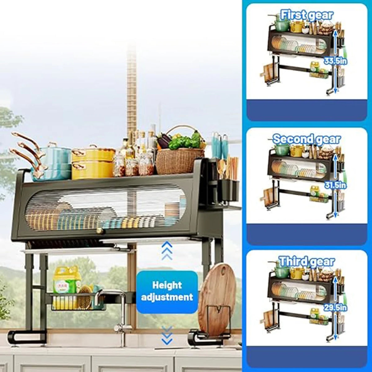 Adjustable 3 Tier Black Dish Drying Rack with Utensil Holder Y959