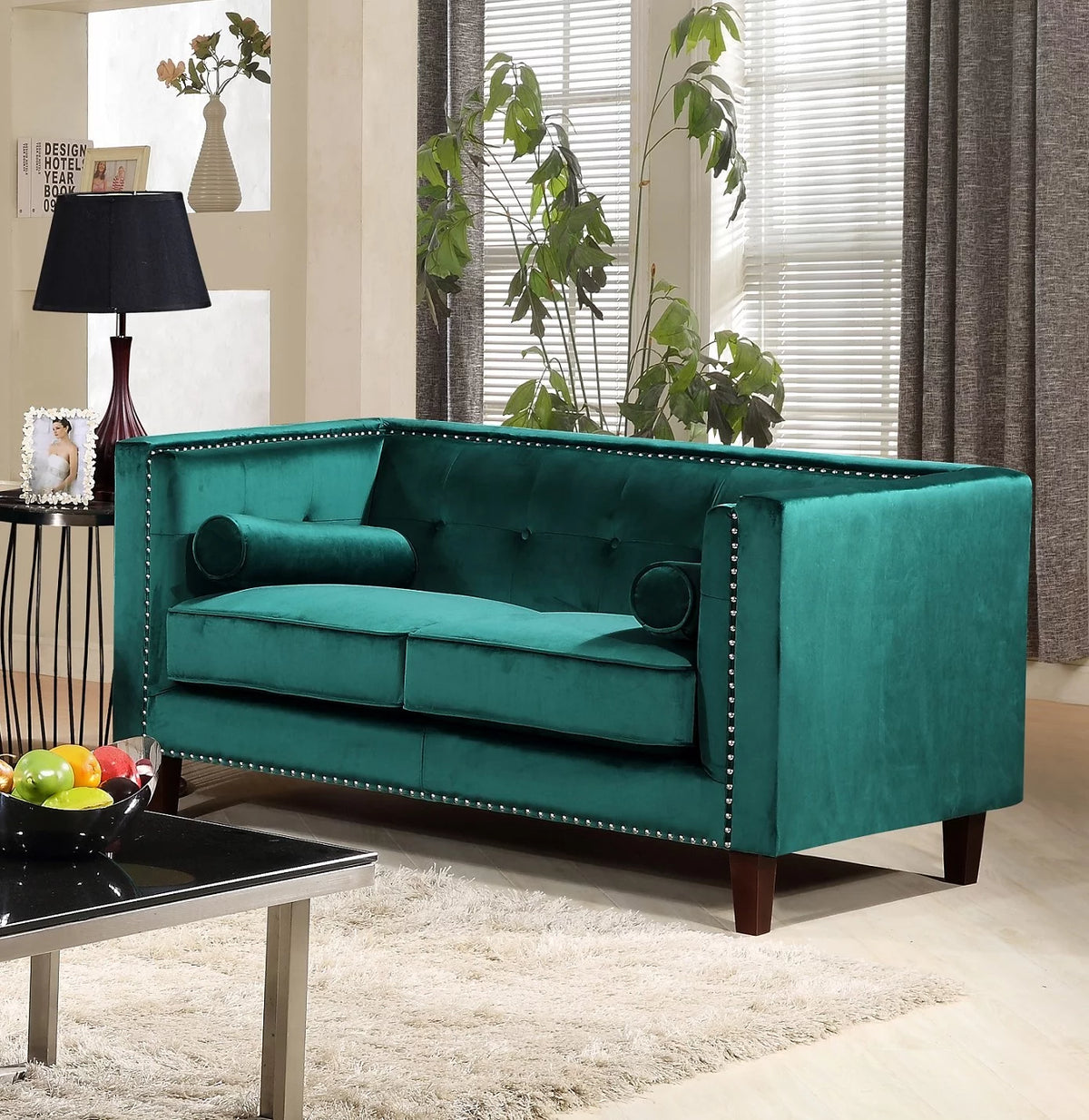 Green Velvet Tuxedo Arm Loveseat I97395