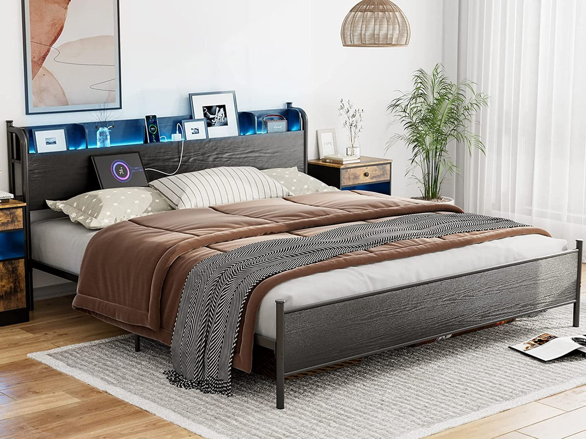 California King Metal and Wood Platform Bed Frame with Storage Shelf Headboard R8185