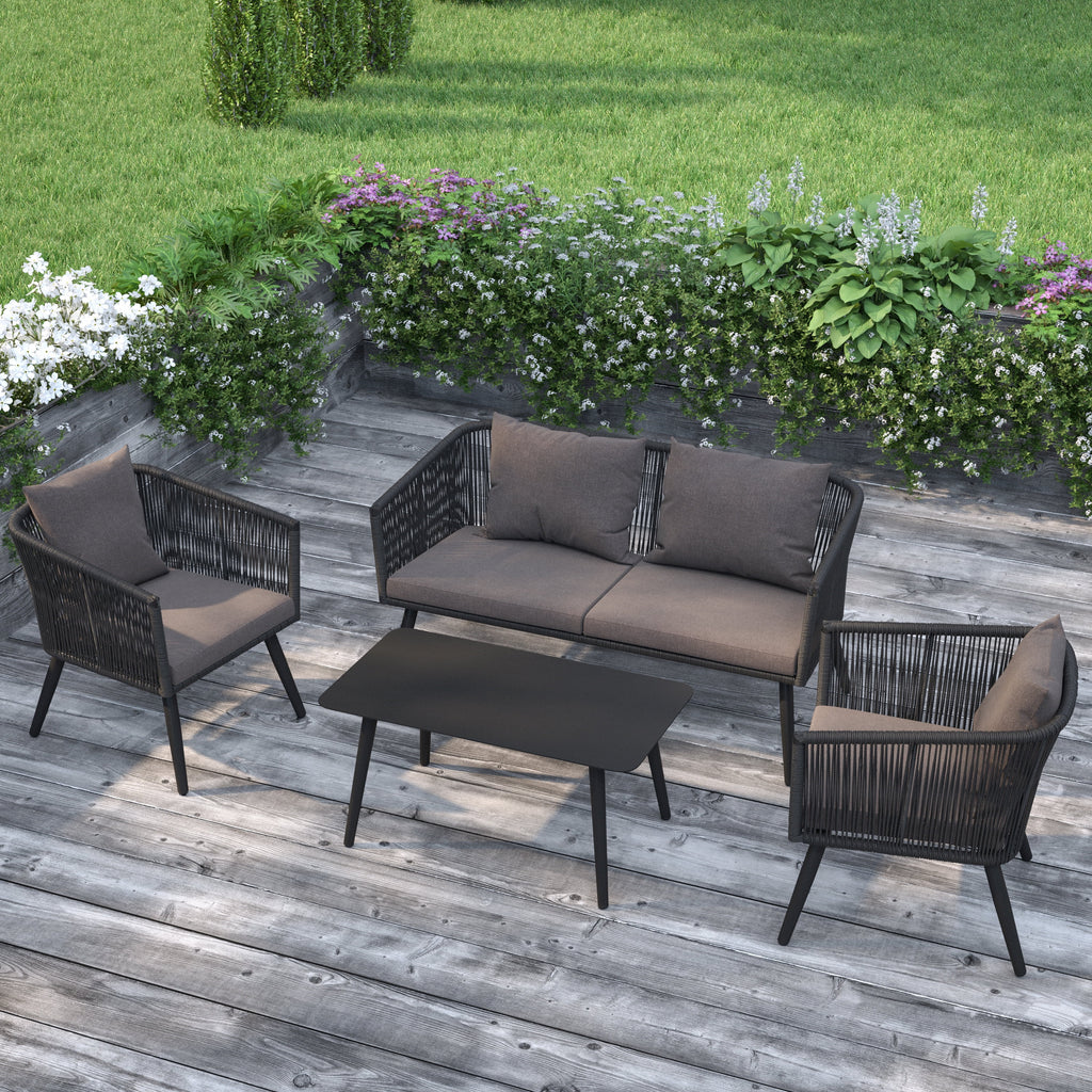 4 Piece Black Woven Aluminum Frame Loveseat, 2 Chair and Coffee Table Set With Gray Cushions H380483