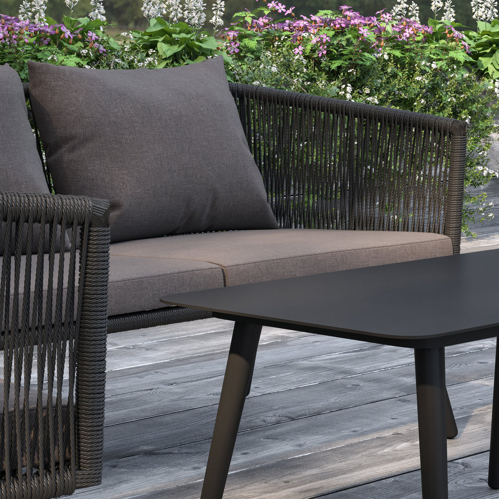 4 Piece Black Woven Aluminum Frame Loveseat, 2 Chair and Coffee Table Set With Gray Cushions H380483