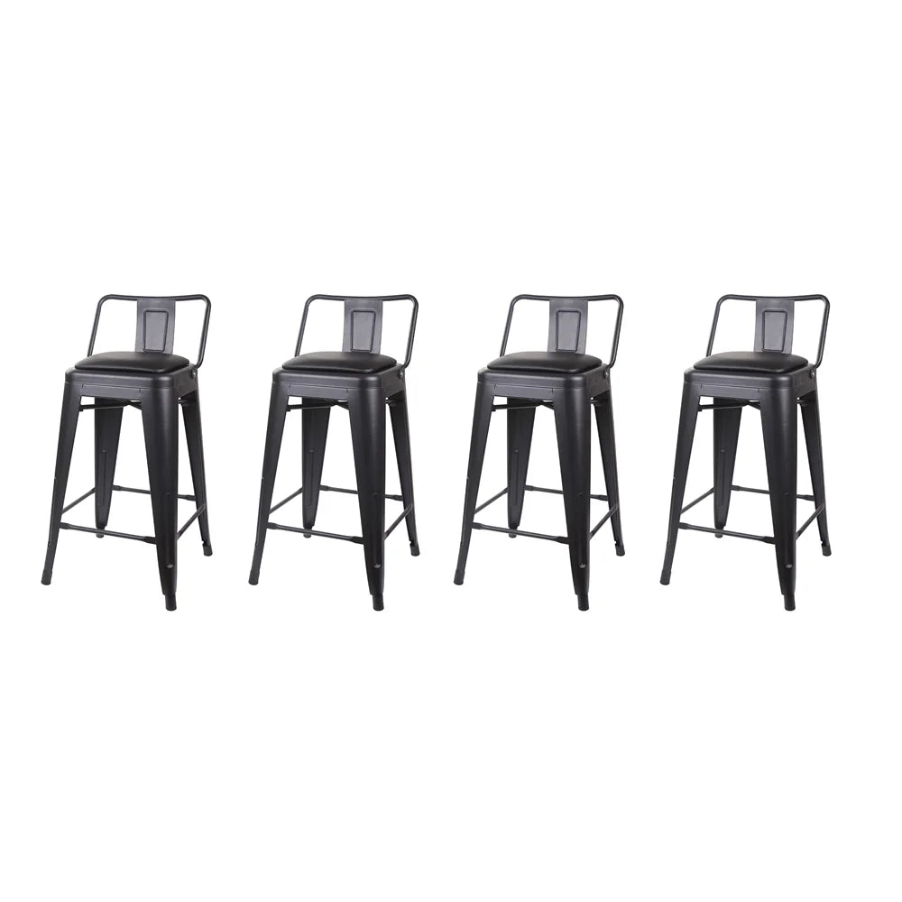 Black 24 inch Low Back Metal Barstool with Vegan Leather Seat, Set of 4 I6581