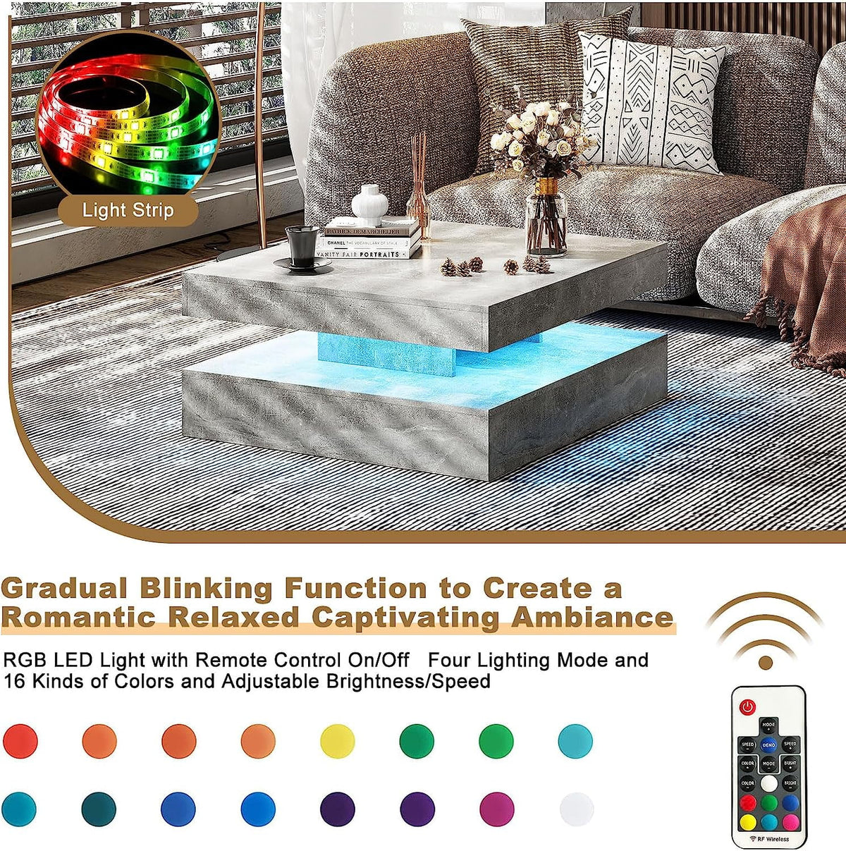 2 Tier Square LED Coffee Table with 16 RGB Lights U7374