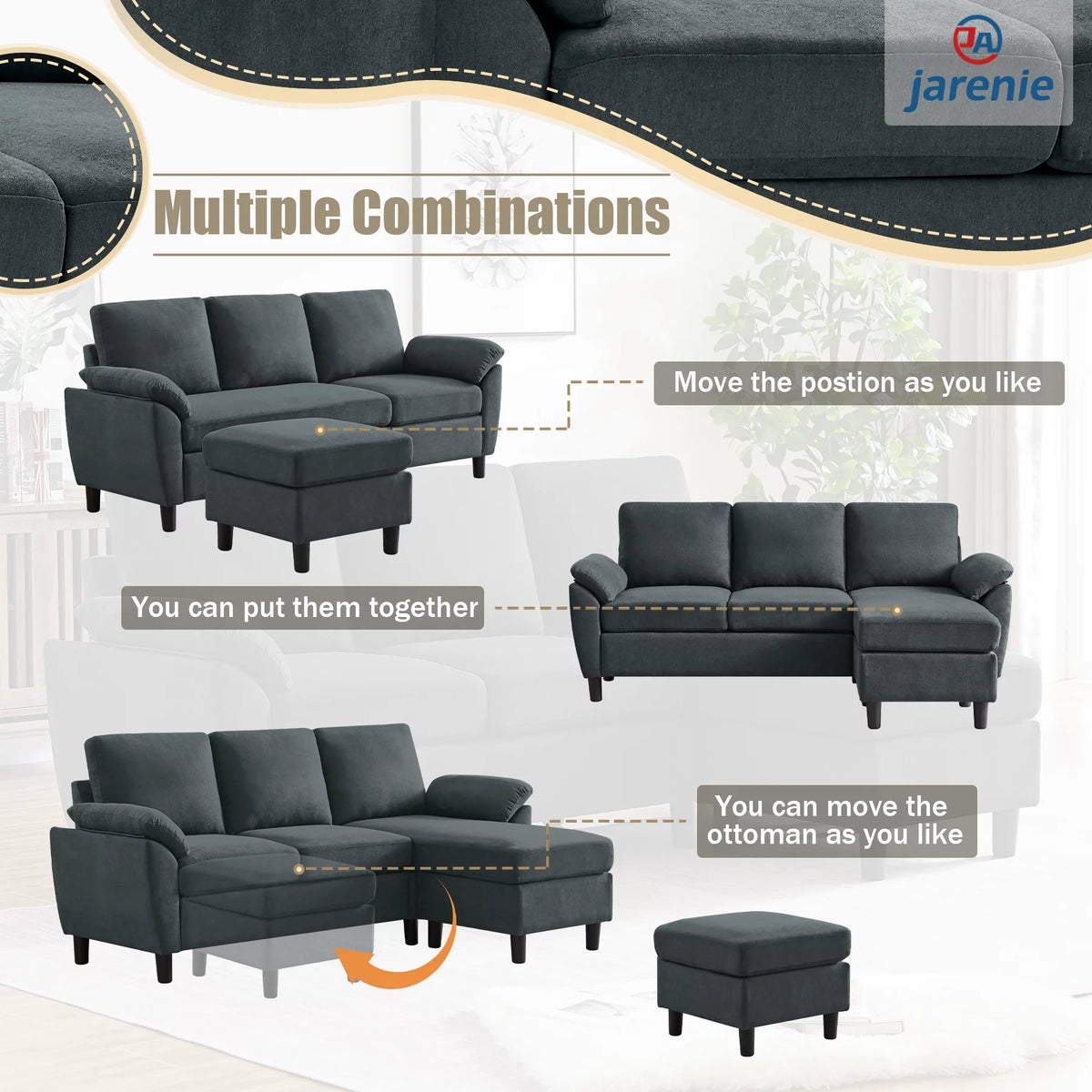 Modern Fabric L-Shaped Sectional Sofa with Chaise C45670