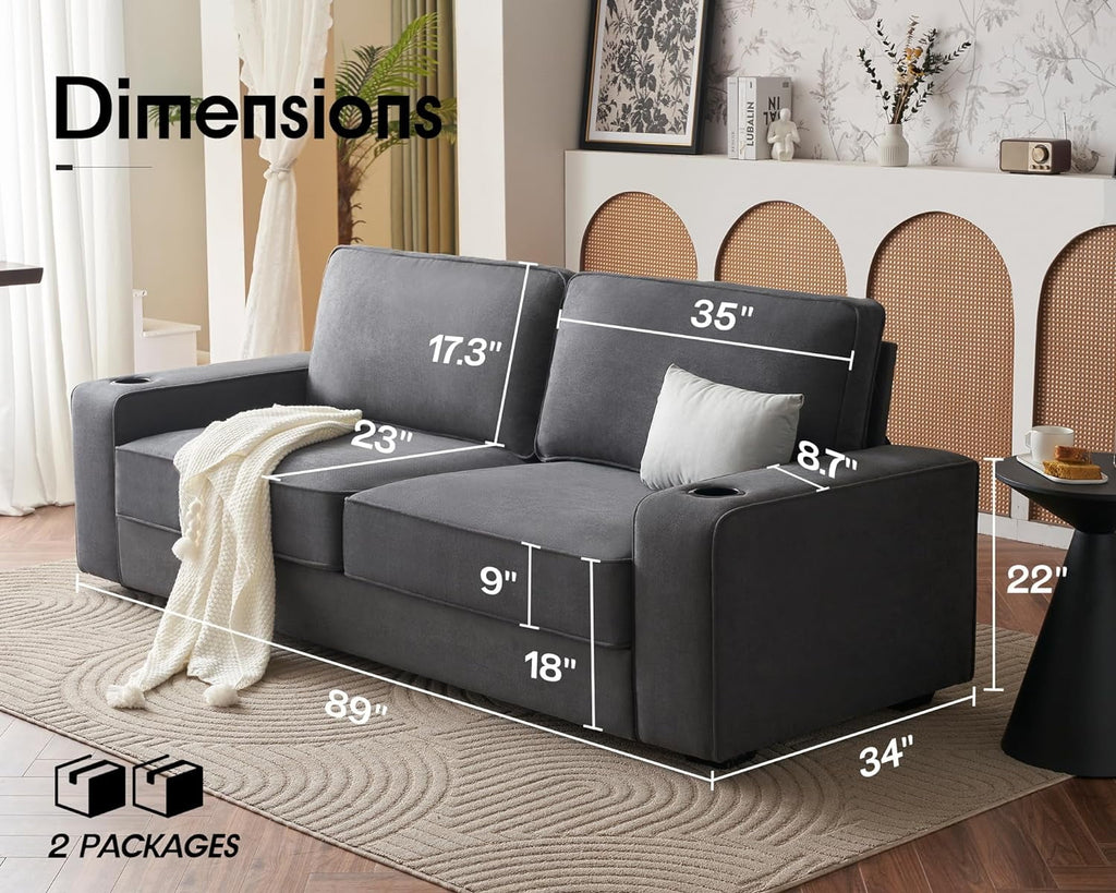 Grey Chenille Sofa with USB Charging Ports & Cup Holders X1791