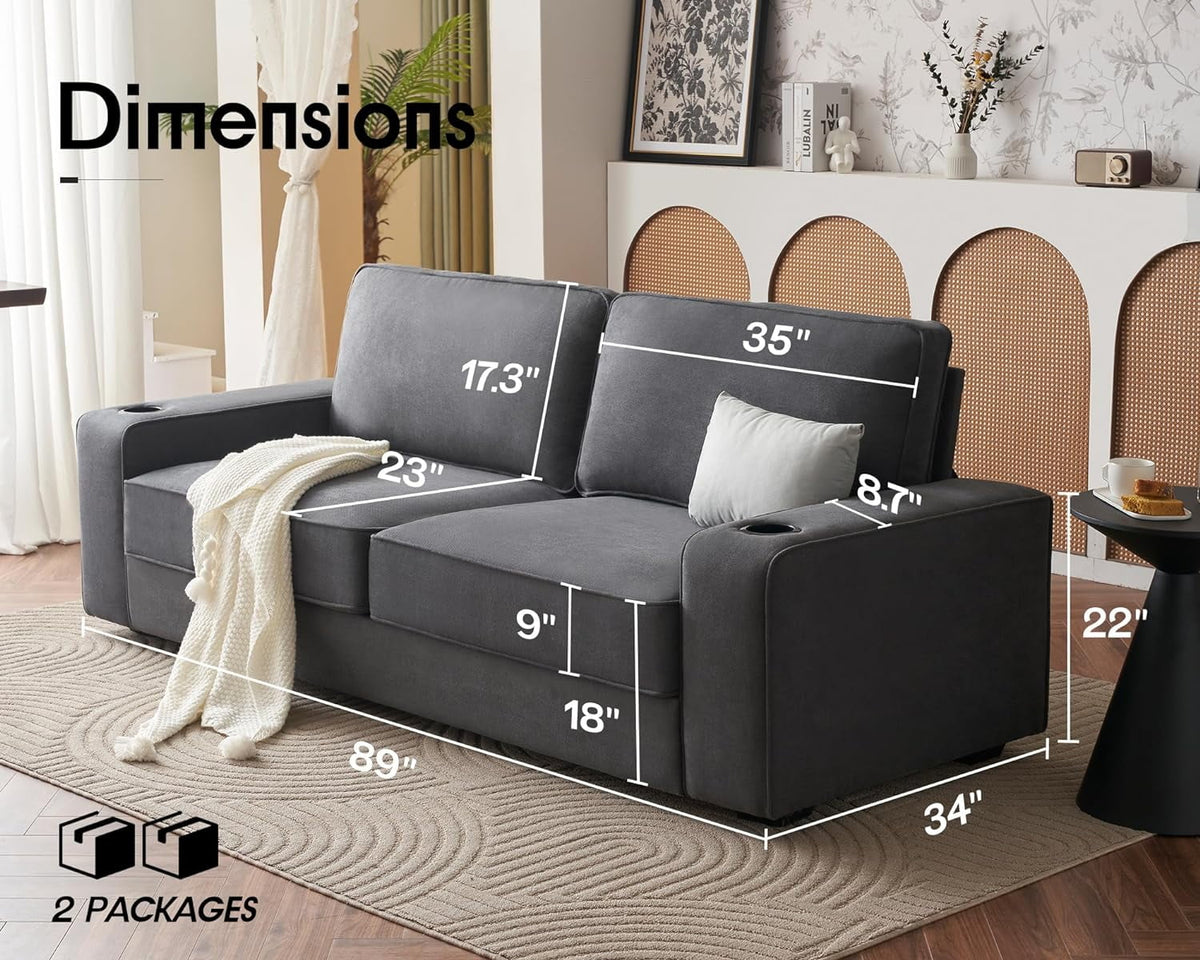 Grey Chenille Sofa with USB Charging Ports & Cup Holders X1791