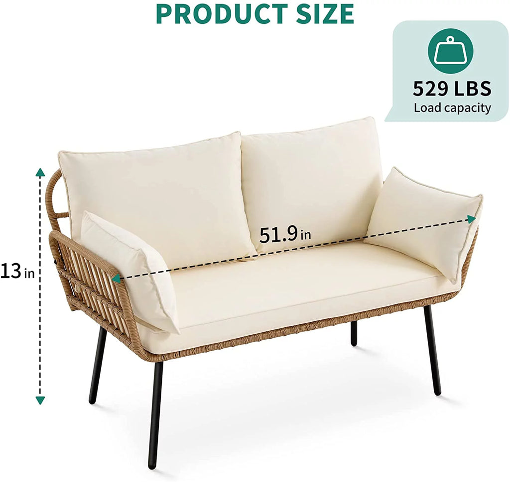 Wicker Loveseat Sofa with Beige Cushions B1358