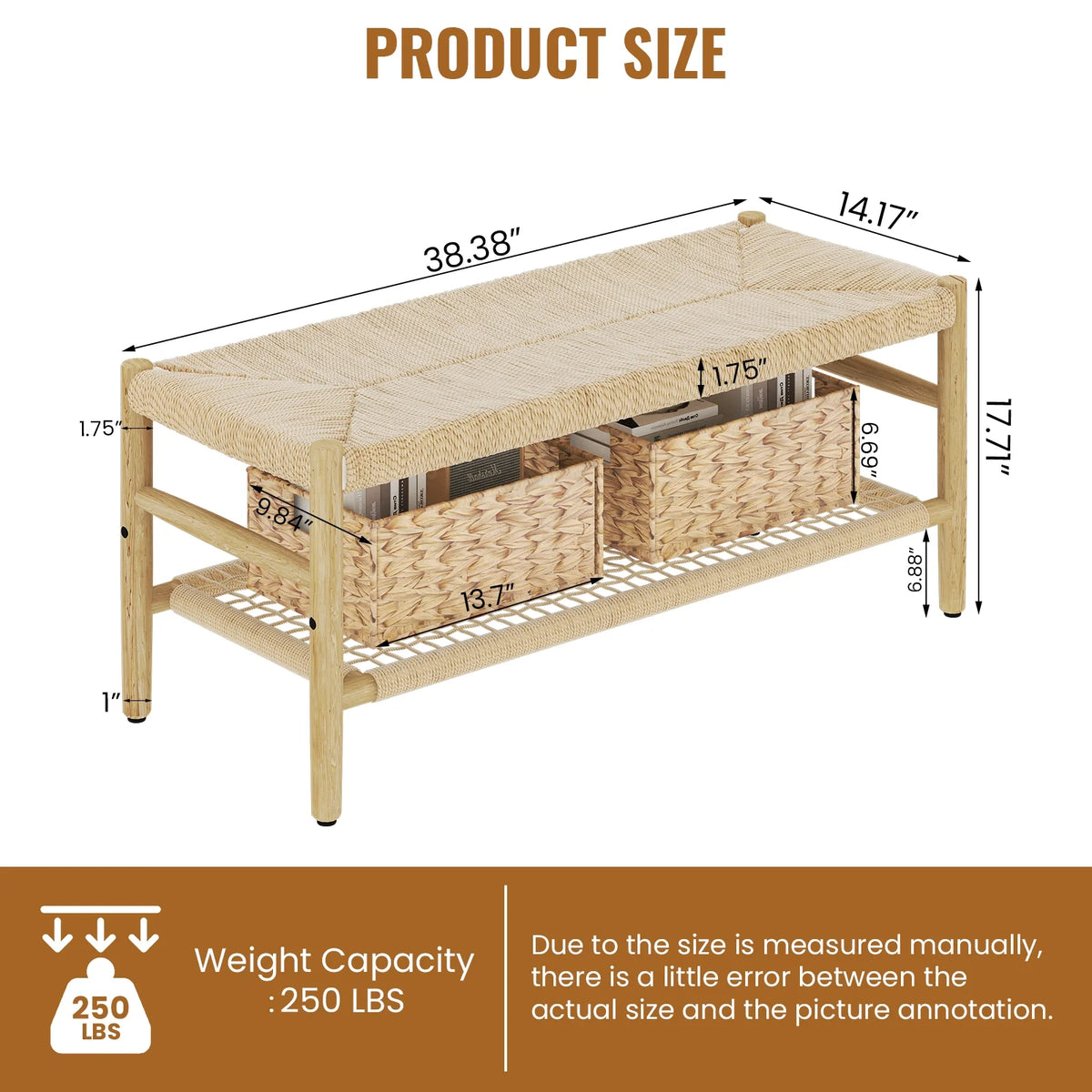 39 inch Rattan Storage Bench with 2 Baskets L52367