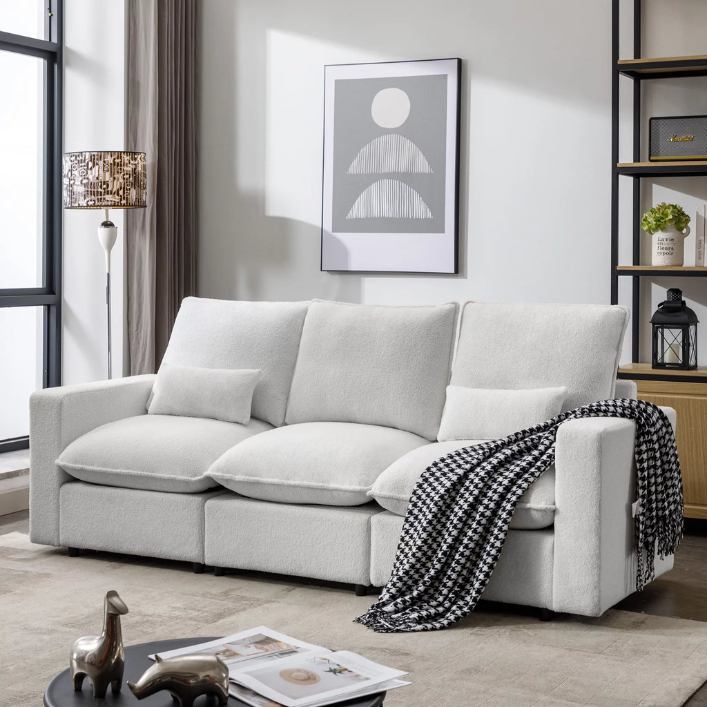 3 Seater White Teddy Fabric Sofa with Pillows A68304