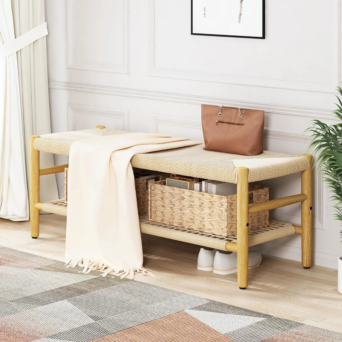 39 inch Rattan Storage Bench with 2 Baskets L52367
