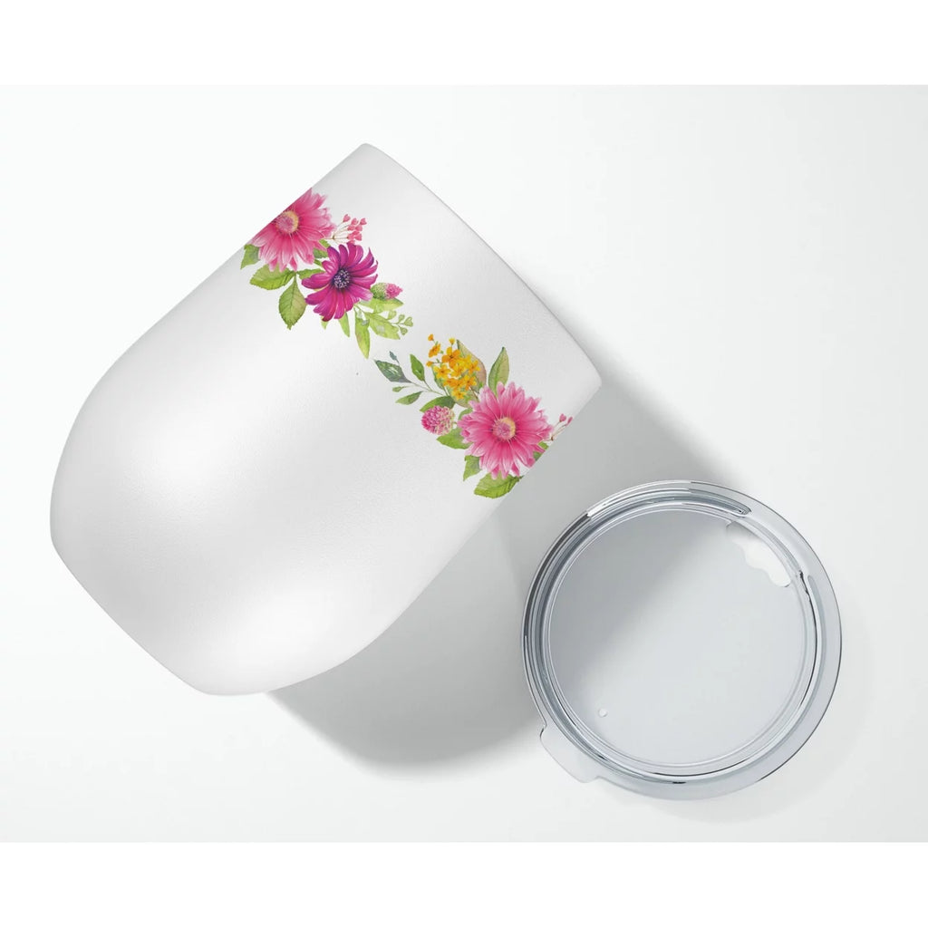 Cavapoo Pink Flowers Stainless Steel 12 oz Stemless Wine Glass F5273