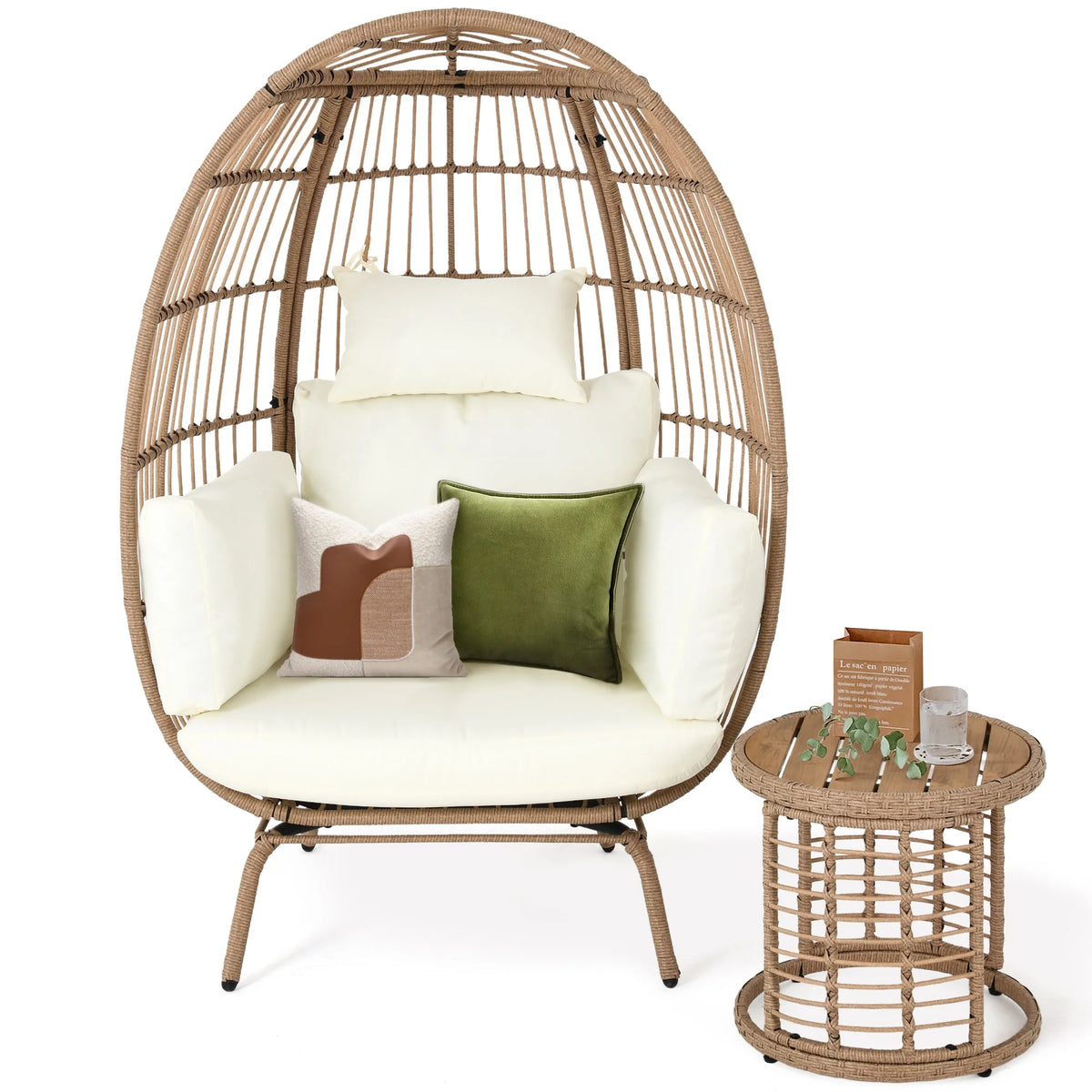 Beige Wicker Egg Chair with Cushions I1997
