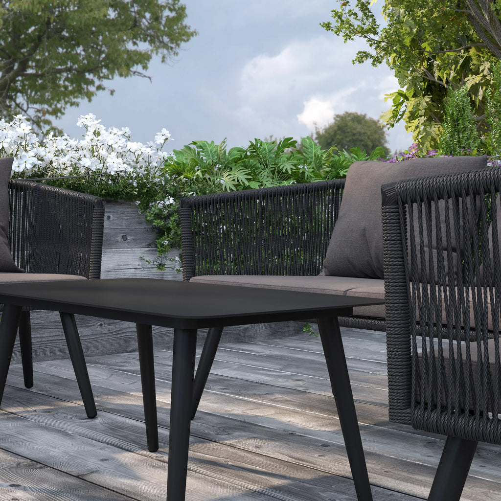 4 Piece Black Woven Aluminum Frame Loveseat, 2 Chair and Coffee Table Set With Gray Cushions H380483