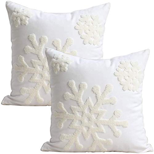18x18 Soft Canvas Snowflake Embroidery Throw Pillow Covers with Invisible Zipper, 1 Pair, White N68235