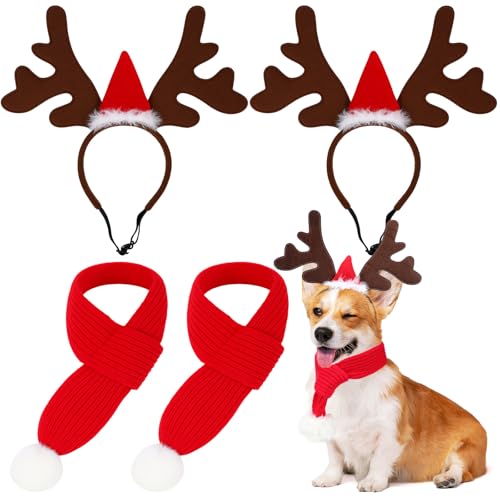2 Set Pet Christmas Costumes Dog Knitted Scarf Reindeer Antlers Headband O888