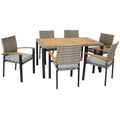Rattan and Acacia Wood 7pc Patio Dining Furniture Set with Seat Cushions H957
