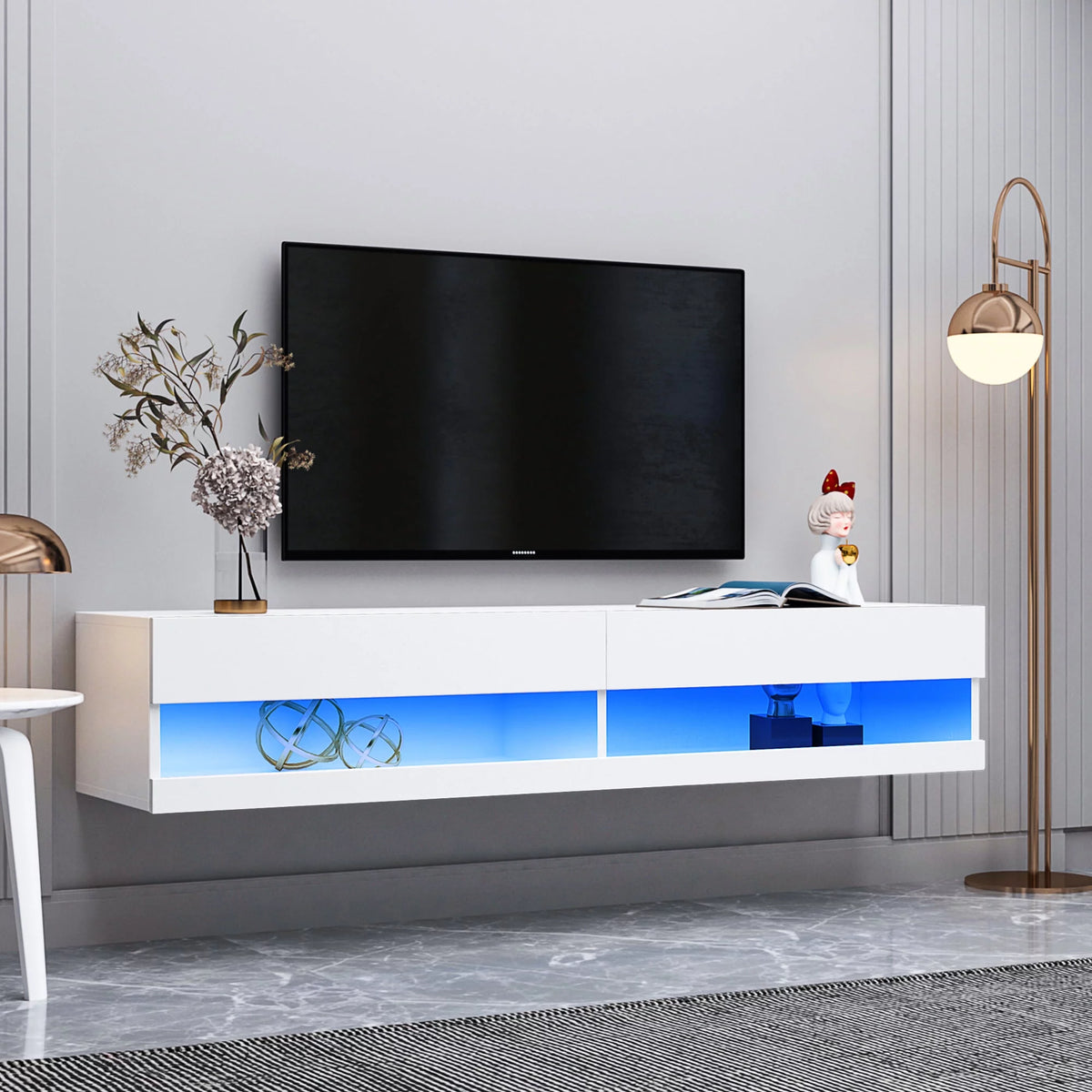 80" Wall Mounted Floating TV Stand with 20 Color LEDs White E41112