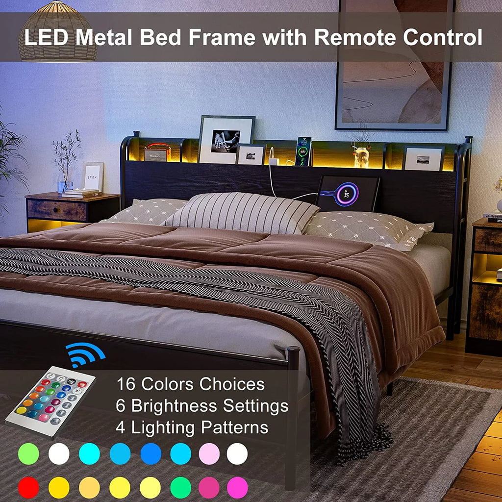 California King Metal and Wood Platform Bed Frame with Storage Shelf Headboard R8185