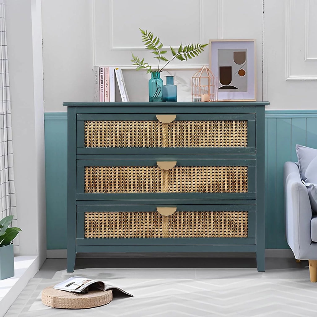 3 Drawer Rattan Dresser with Golden Metal Handles K614