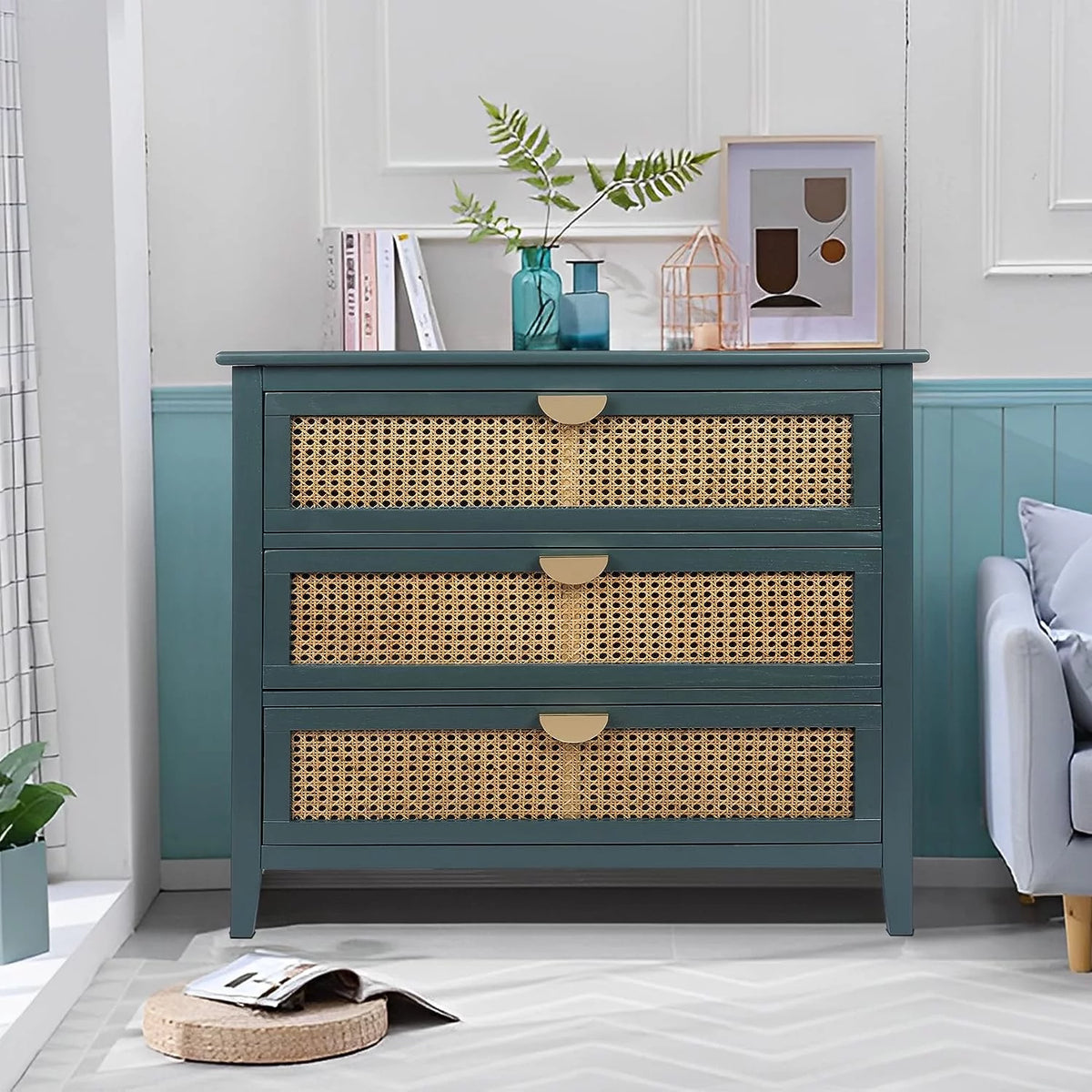 3 Drawer Rattan Dresser with Golden Metal Handles K614