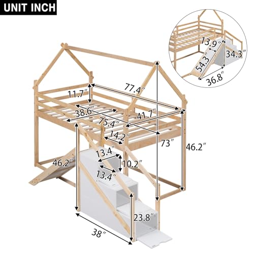 Twin Over Twin Wood House Bunk Bed with Slide and Storage Staircase O602