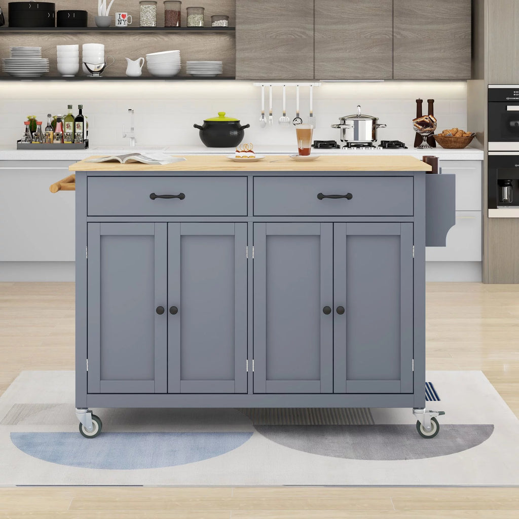 Gray Kitchen Island Cart with Wood Top and Locking Wheels C3274