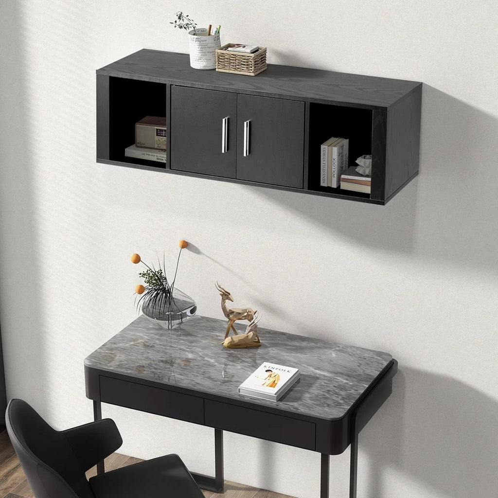 Black Wall Mounted Storage Cabinet with 2 Doors and 2 Open Shelves W491952
