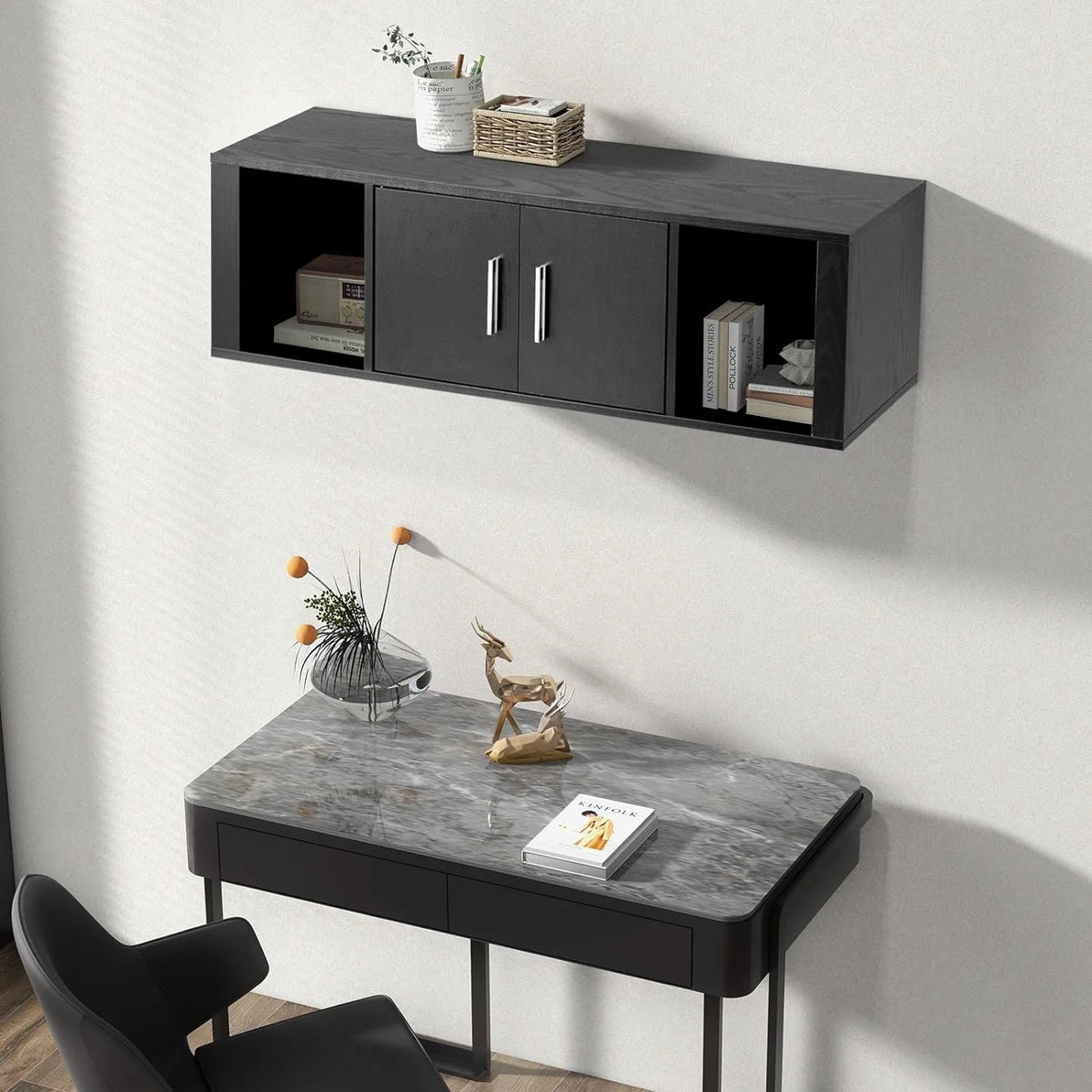 Black Wall Mounted Storage Cabinet with 2 Doors and 2 Open Shelves W491952