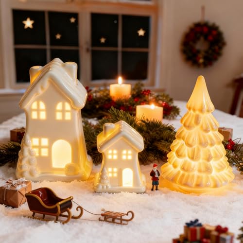 3 Pcs White Ceramic Christmas Village Houses B6929