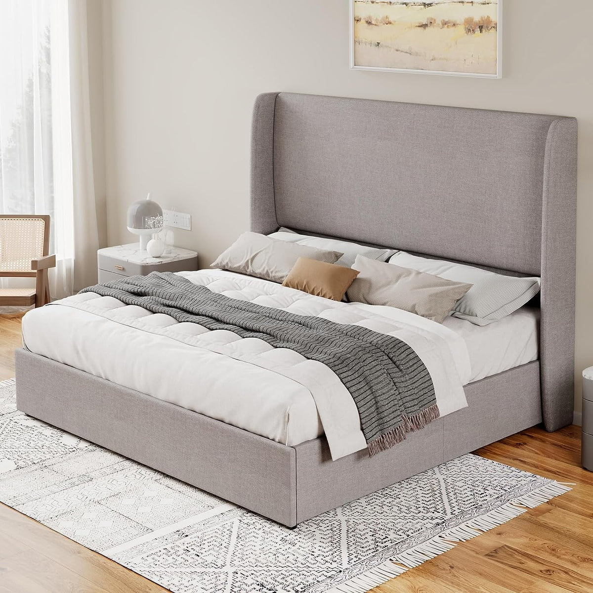 King Size Light Gray Linen Upholstered Platform Bed Frame K2632