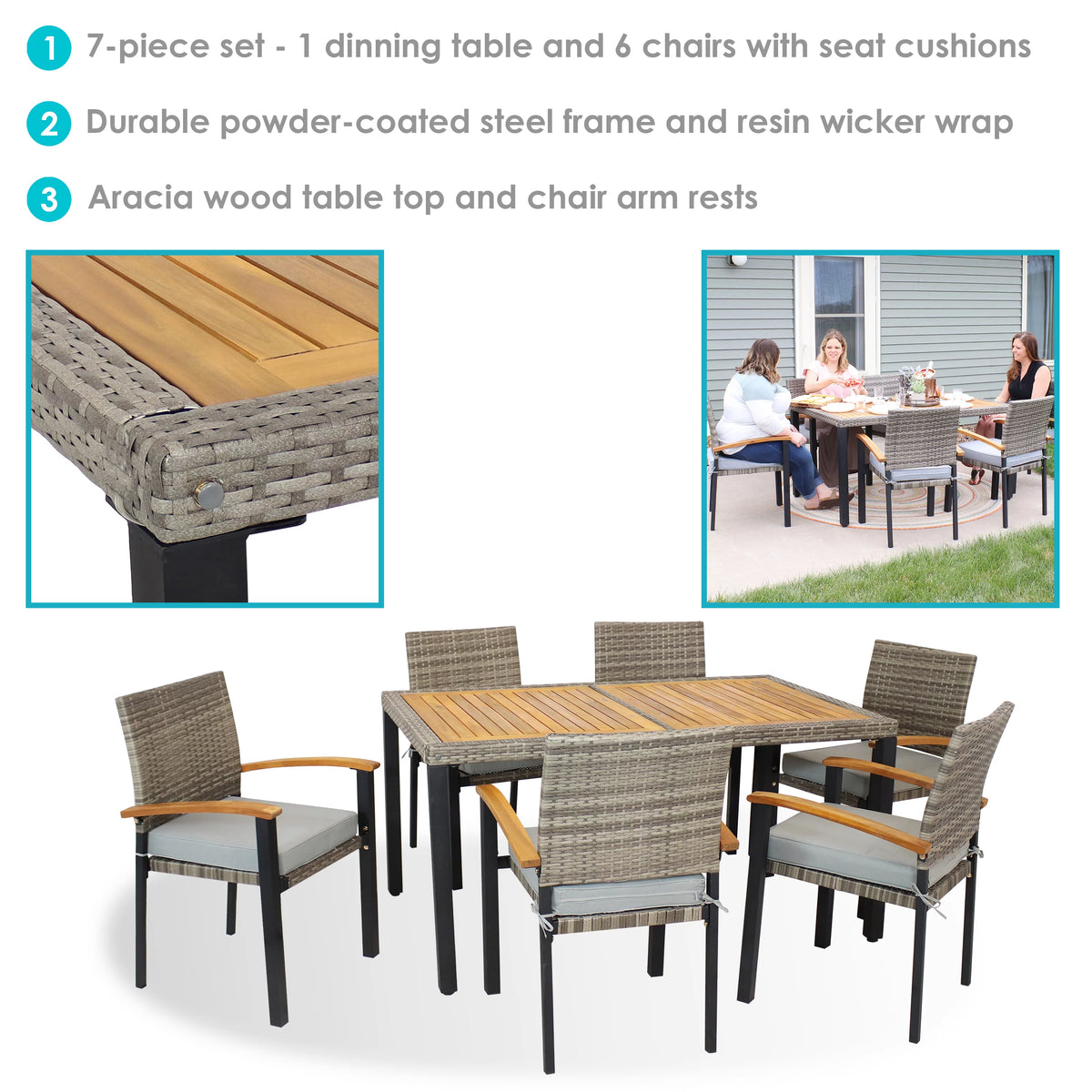 Rattan and Acacia Wood 7pc Patio Dining Furniture Set with Seat Cushions H957